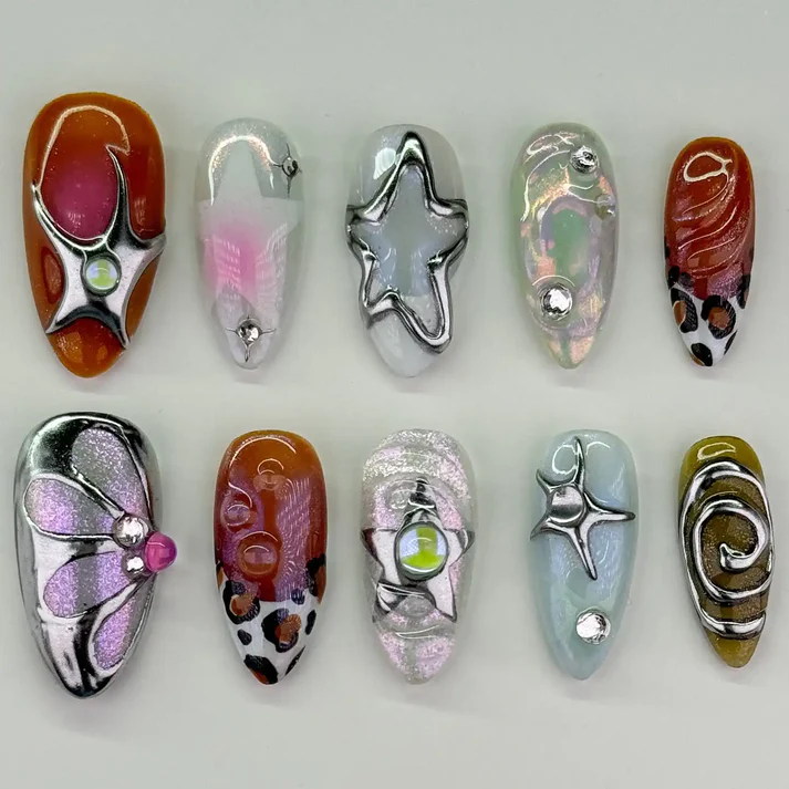 Chrome Star Y2K Metallic Swirl - Almond | Ships from USA