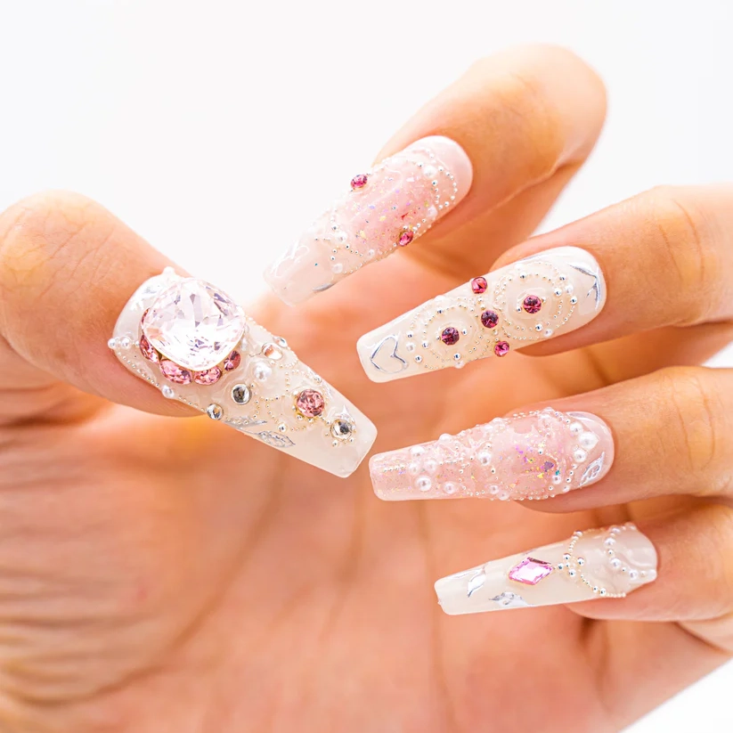 White Pearl Pink Glitter Rhinestone - Coffin | Ships from USA - Image 2