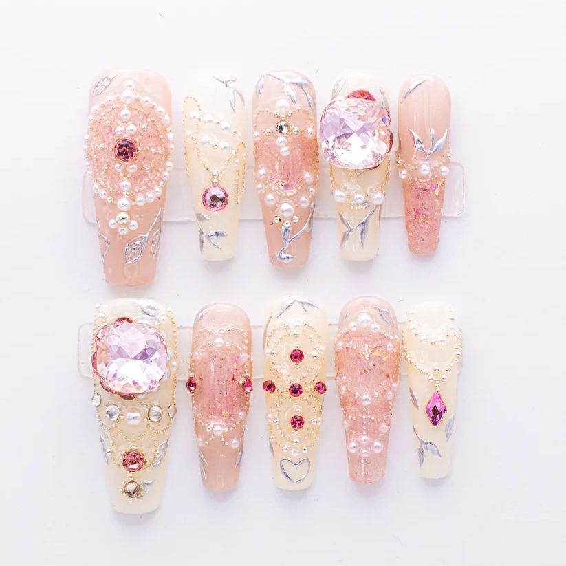White Pearl Pink Glitter Rhinestone - Coffin | Ships from USA