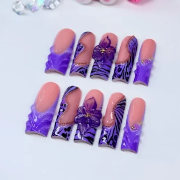 Acrylic Baddie French Tips 3D Purple Flowers - Square | Ships from USA