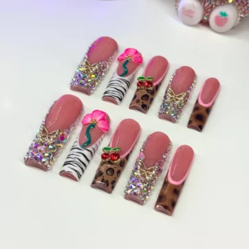 Acrylic Baddie French Tips Bling & 3D Flowers - Square | Ships from USA