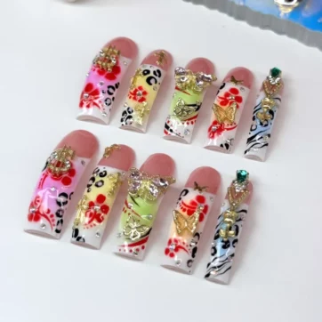 Acrylic Baddie French Tip Colorful Bling & Flowers - Square | Ships from USA