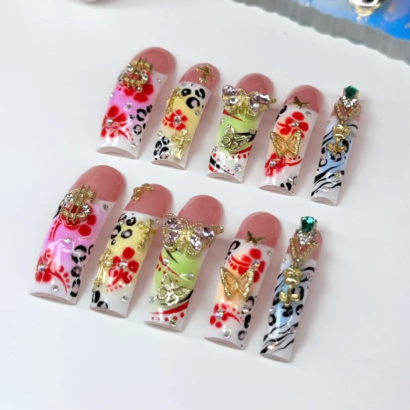 Acrylic Baddie French Tip Colorful Bling & Flowers - Square | Ships from USA