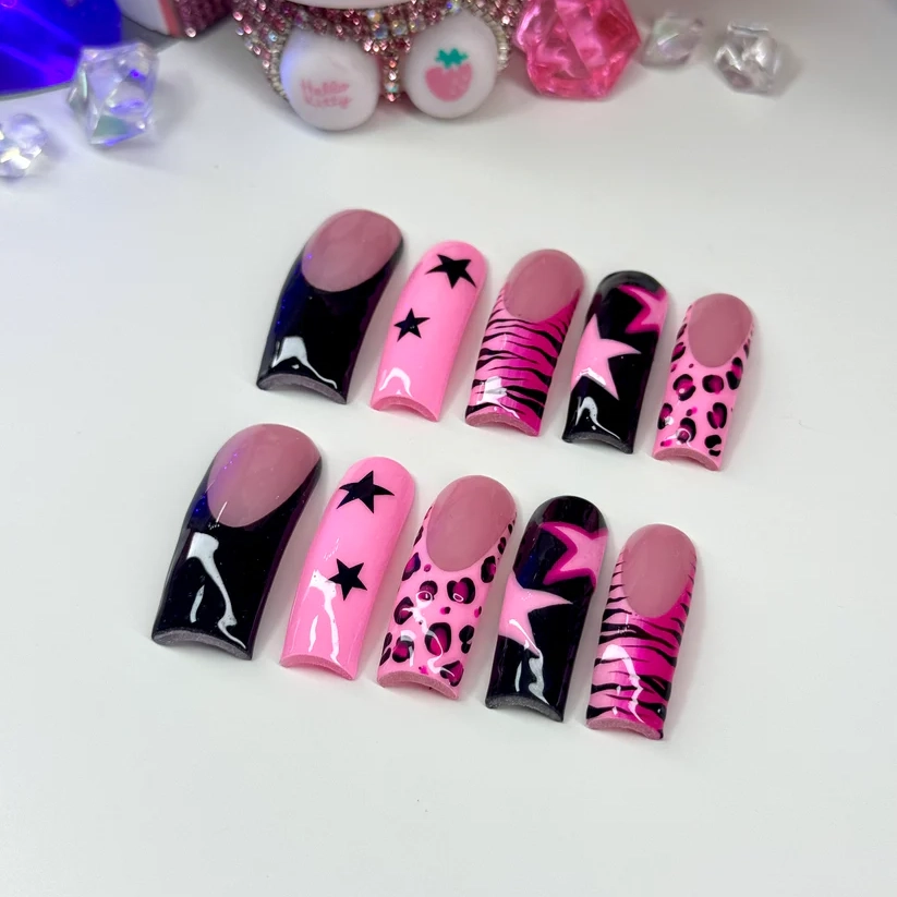 Acrylic Baddie French Tips Pink & Black Rockstar - Square | Ships from USA - Image 2