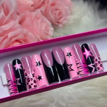 Acrylic Baddie French Tips Pink & Black Rockstar - Square | Ships from USA