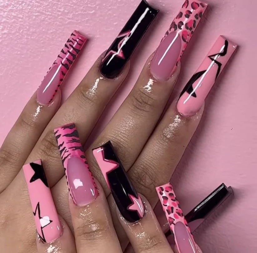 Acrylic Baddie French Tips Pink & Black Rockstar - Square | Ships from USA - Image 3